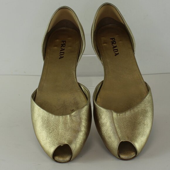 Prada Gold Peep Toe Flats Womens (EU 41/US 9.5) - Picture 1 of 8